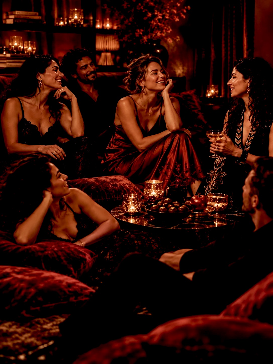 Muses laughing together on velvet cushions by candlelight