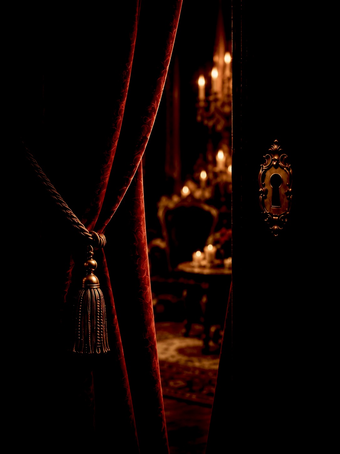 A velvet curtain and a gilded keyhole, candlelight beyond